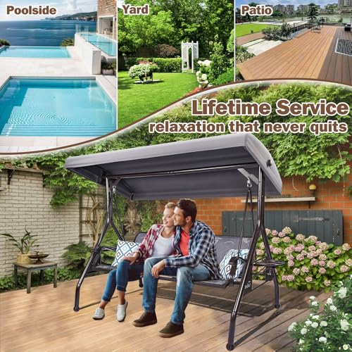 Image of ZZW 3 Person Patio Swing Outdoor Swing for Adults with Adjustable Canopy &Upgraded Cup Holders Textilene Fabric Porch Swing Chair with Stand Heavy Duty 800 LBS
