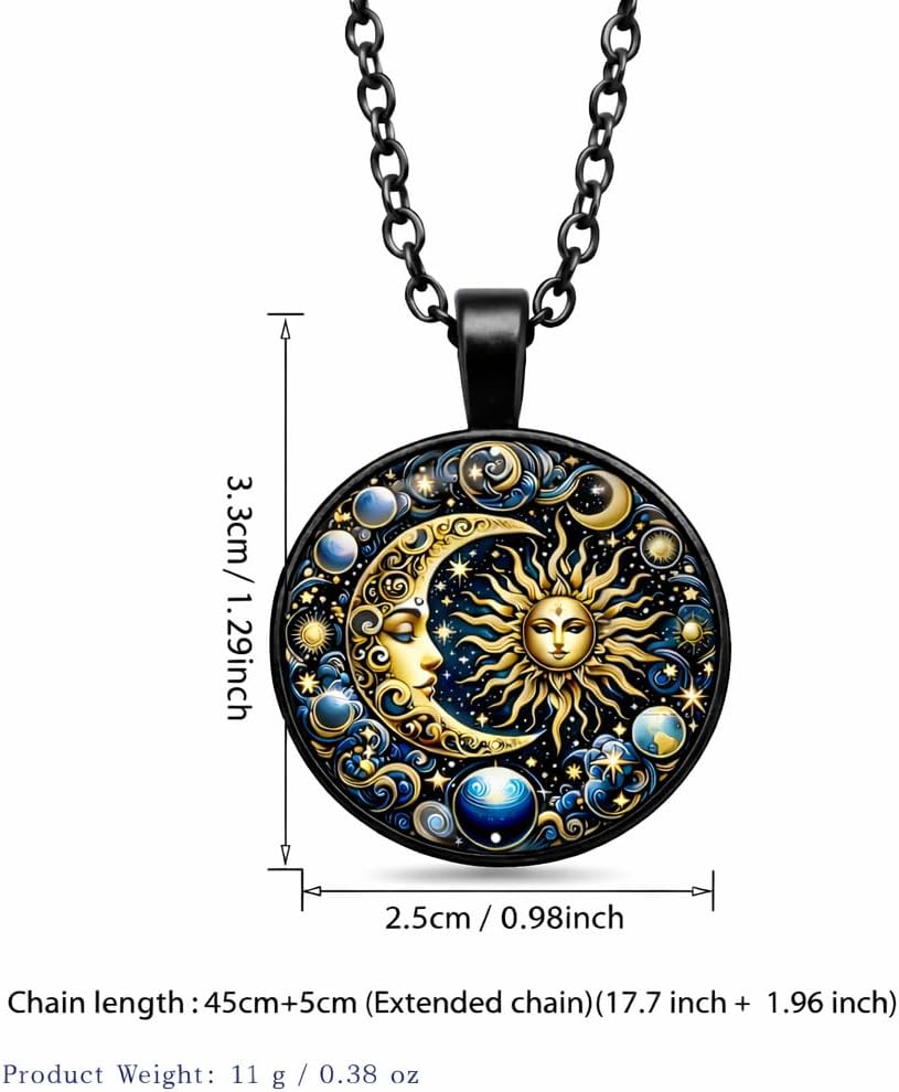 Celestial Sun and Moon Pendant Necklace, Mystical Galaxy Design, Black and Gold, 45cm Chain with 5cm Extension, 2.5cm Round Medallion