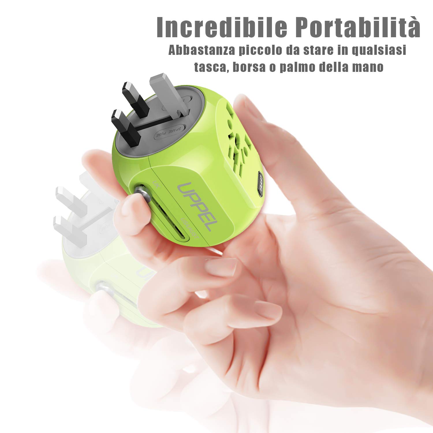 Milool Adattatore Universale da Viaggio con QC3.0 Quick Charge 2 Porte USB 3.0 e 1 Interfaccia Type-C US/EU/UK/AU in One Caricatore Multifunzioni per Oltre 180 Paesi, 2 Fuse (Spare Fuse) (Verde)