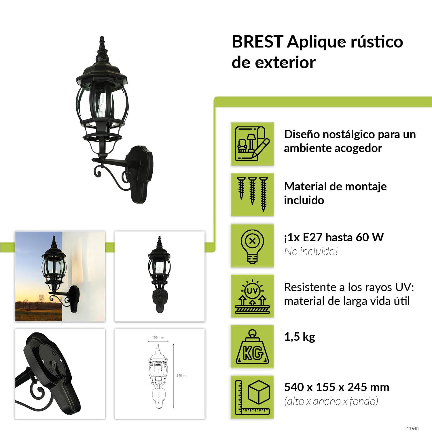 Licht-Erlebnisse Lámpara de pared exterior BREST de estilo rústico en color negro E27 IP23, Aplique Farol retro para jardín, entradas y terrazas