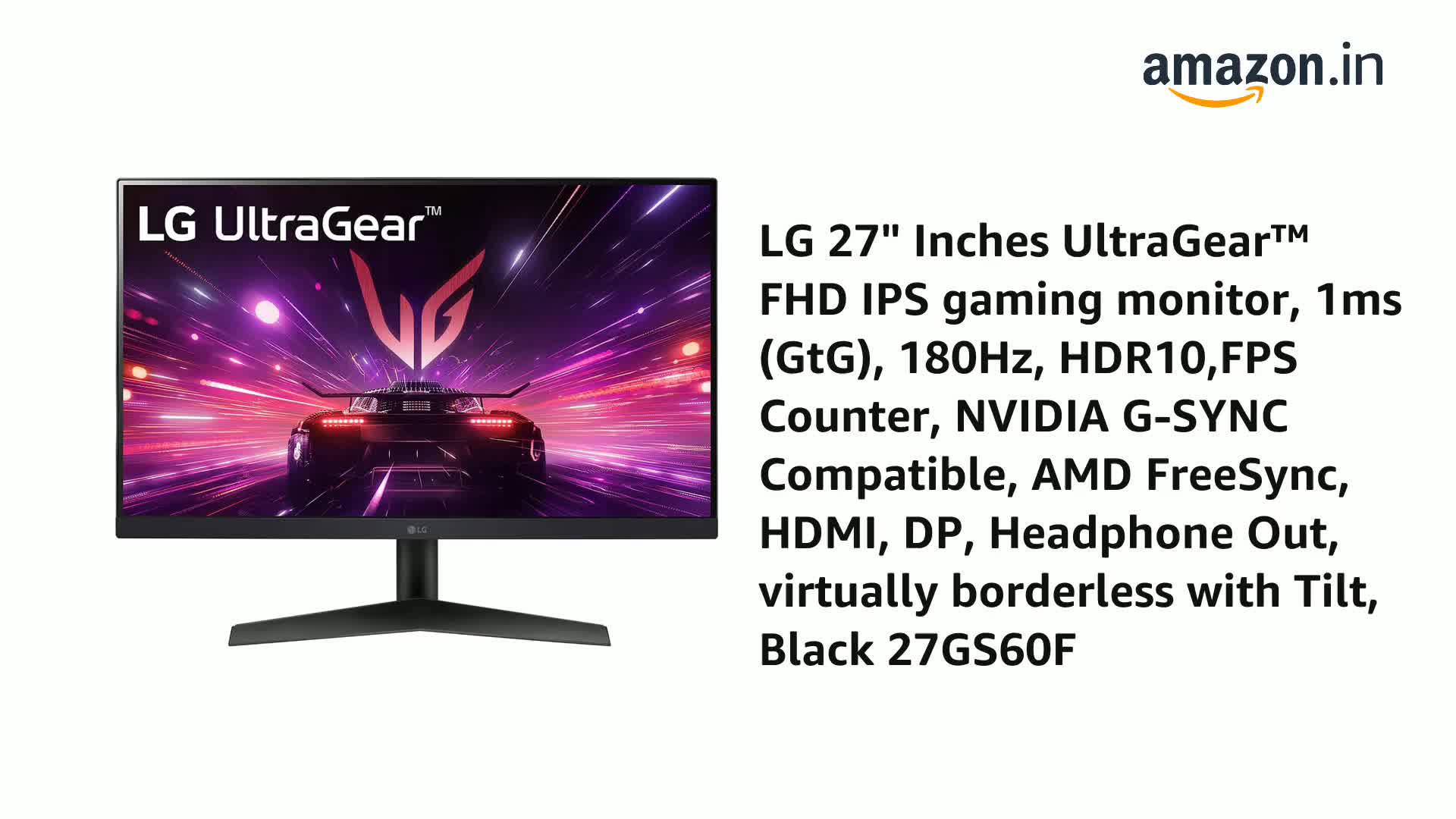 LG 27GS60F 68.5 cm(27 Inch) UltraGear FHD(1920x1080) IPS Gaming LG 27GS60F 68.5 cm(27 Inch) UltraGear FHD(1920x1080) IPS Gaming