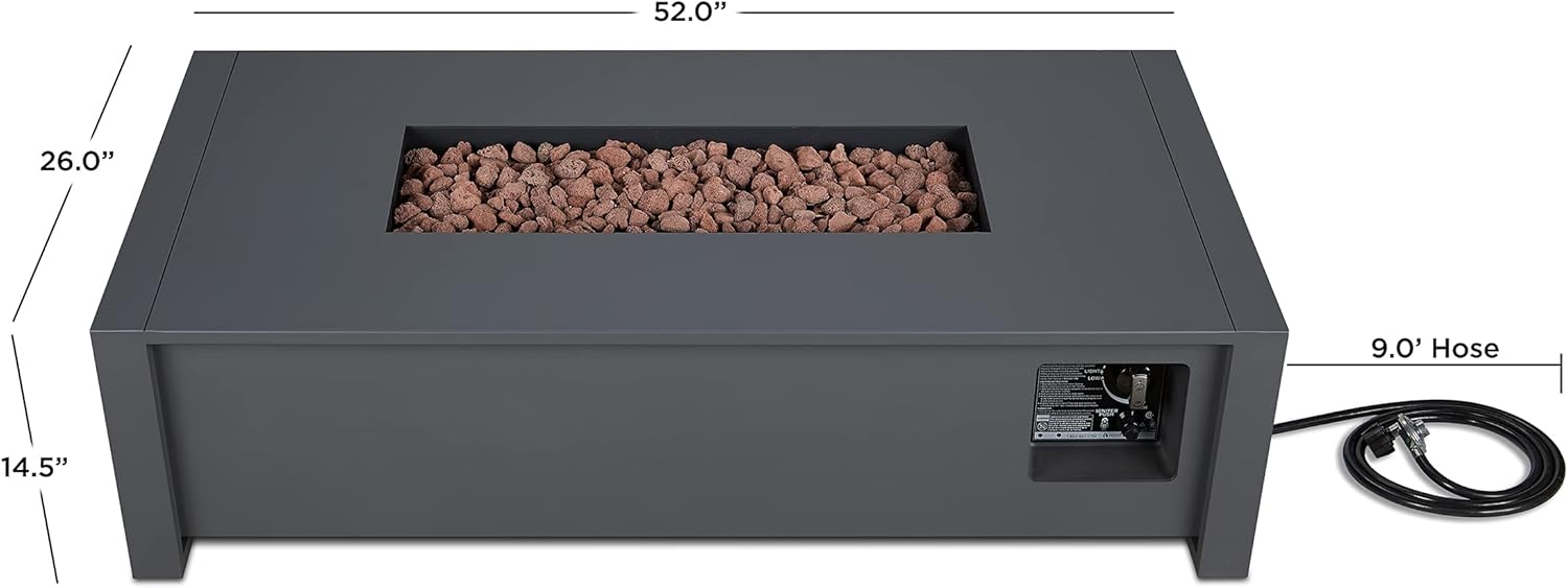 Real Flame Keenan 52" Propane Fire Table - Includes Red Lava Rock Filler - Battery Operated, Push Button Ignition, Grey