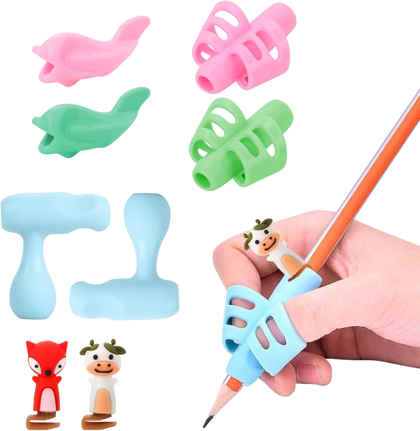 Yovoy 鉛筆もちかた 矯正 鉛筆持ち方サポーター 子供 ペングリップ 鉛筆持ち方矯正 鉛筆グリップ 柔らかい鉛筆キャップ 左右手兼用 握りやすい 近視 猫背防止 握り方矯正 疲労軽減 8個セット 収納ケース付き 文房具 オフィス用品