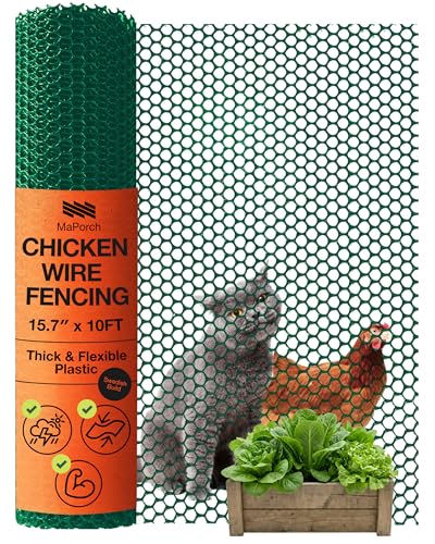 Image of Maporch Plastic Chicken Wire Fencing for Pet Protection - 15.7 inch x 10ft, HDPE Hunter Green Chicken Wire - Garden Fence Animal Barrier for Dogs, Cats and Rabbits (1-Pack) | 15.7 inch x 10ft - HDPE Home and Garden Netting - UV Resistant - Customizable Balcony Barrier for Animals, Dogs, Cats & Rabbits