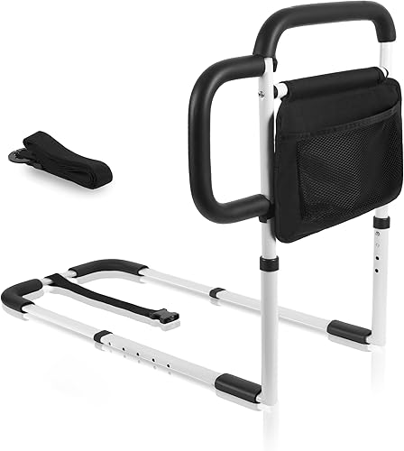 Barandillas de cama con barra de agarre para adultos mayores, bastón de cama para personas mayores con mango de espuma y bolsillo de almacenamiento,