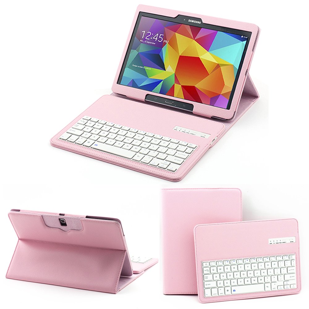 SUPERNIGHT Detachable Removable Wireless Bluetooth ABS Keyboard Portfolio Leather Case Cover With Camera Shutter Remote Control For Samsung Galaxy Tab S 10.5 inch T800 T805 Tablet.Color:Pink