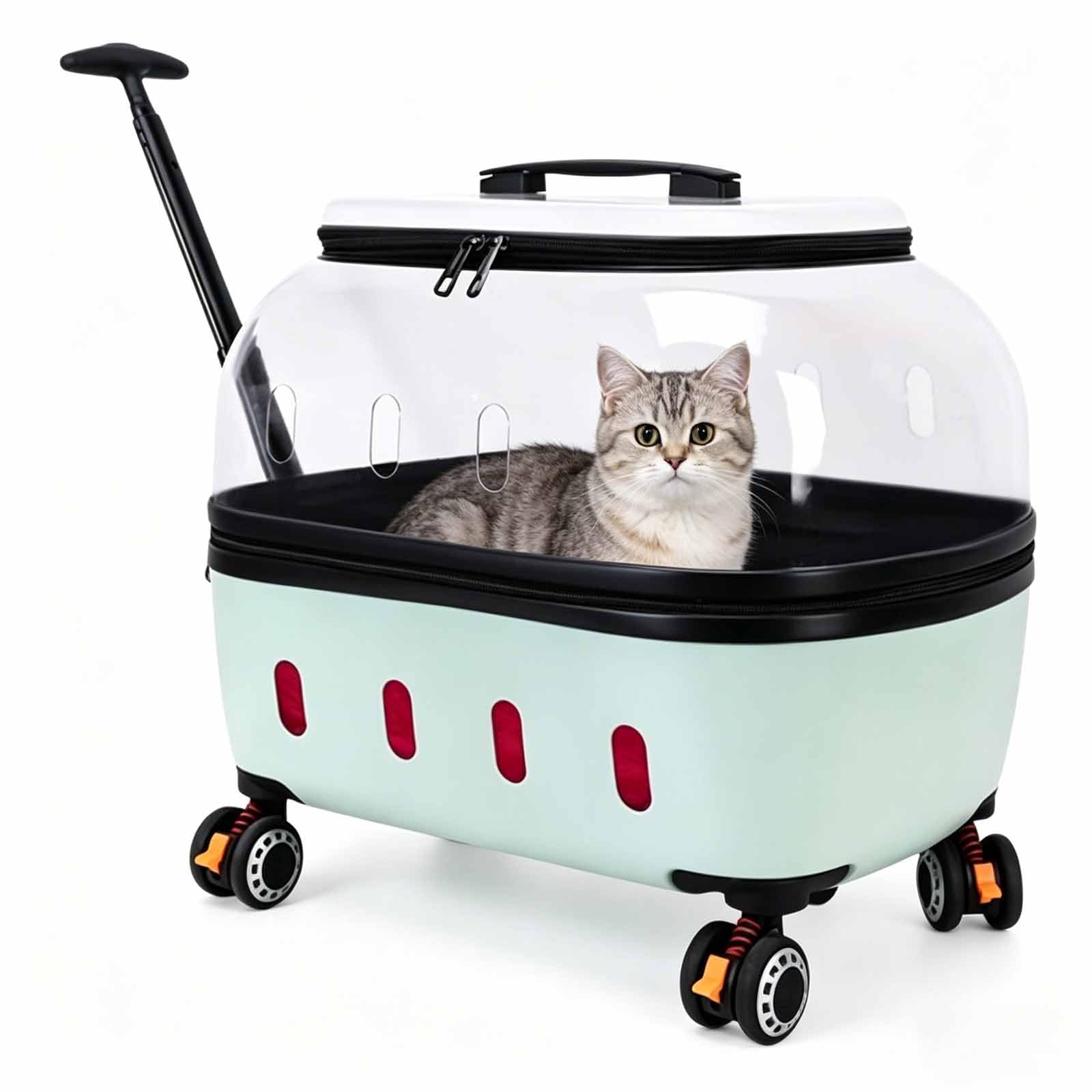 Liuliq Green Transparent Breathable Cat Carrier, Pet Trolley Case With Silent Rolling Wheels, Telescopic Handle & Clear Ventilation Holes, For Cats & Small Dogs Up To 10Kg For Traveling Hiking