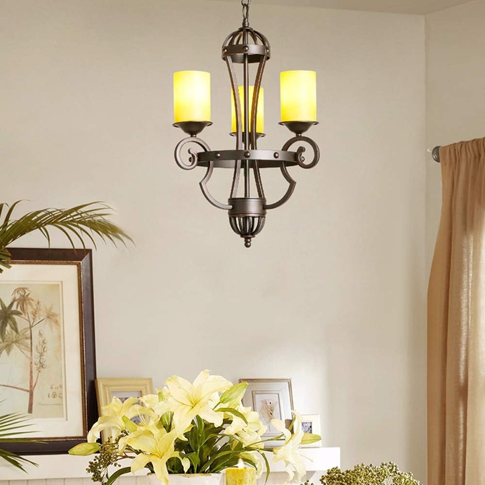 Retro Three-Head Candle Ceiling Lamp, American Classical Garden Wrought Iron Antique Candlestick Chandelier Glass Lampshade, Bedroom Dining Room Decoration Hanging Lamps Lighting Device
