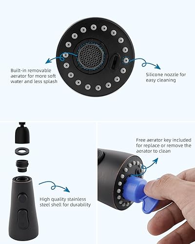 Vista 19 de Hibbent Cabezal de repuesto de acero inoxidable con 15 adaptadores, NSF/ANSI/CAN 61 y boquilla de grifo de cocina de 3 funciones certificada por