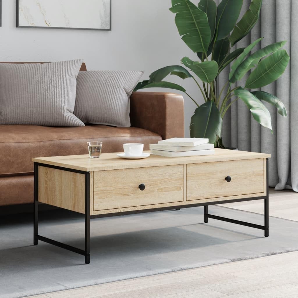 Stolik kawowy dąb Sonoma 101 x 49 x 39,5 cm, materiał drewnopochodny, metalowa rama, z 2 szufladami, stół do salonu, nowoczesne stoliki kawowe do salonu
