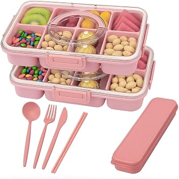2 Pack Snack Box Container, Snackle Box Container, Divided Serving Tray with Lid and Handle, Snack Organizer Double Pink