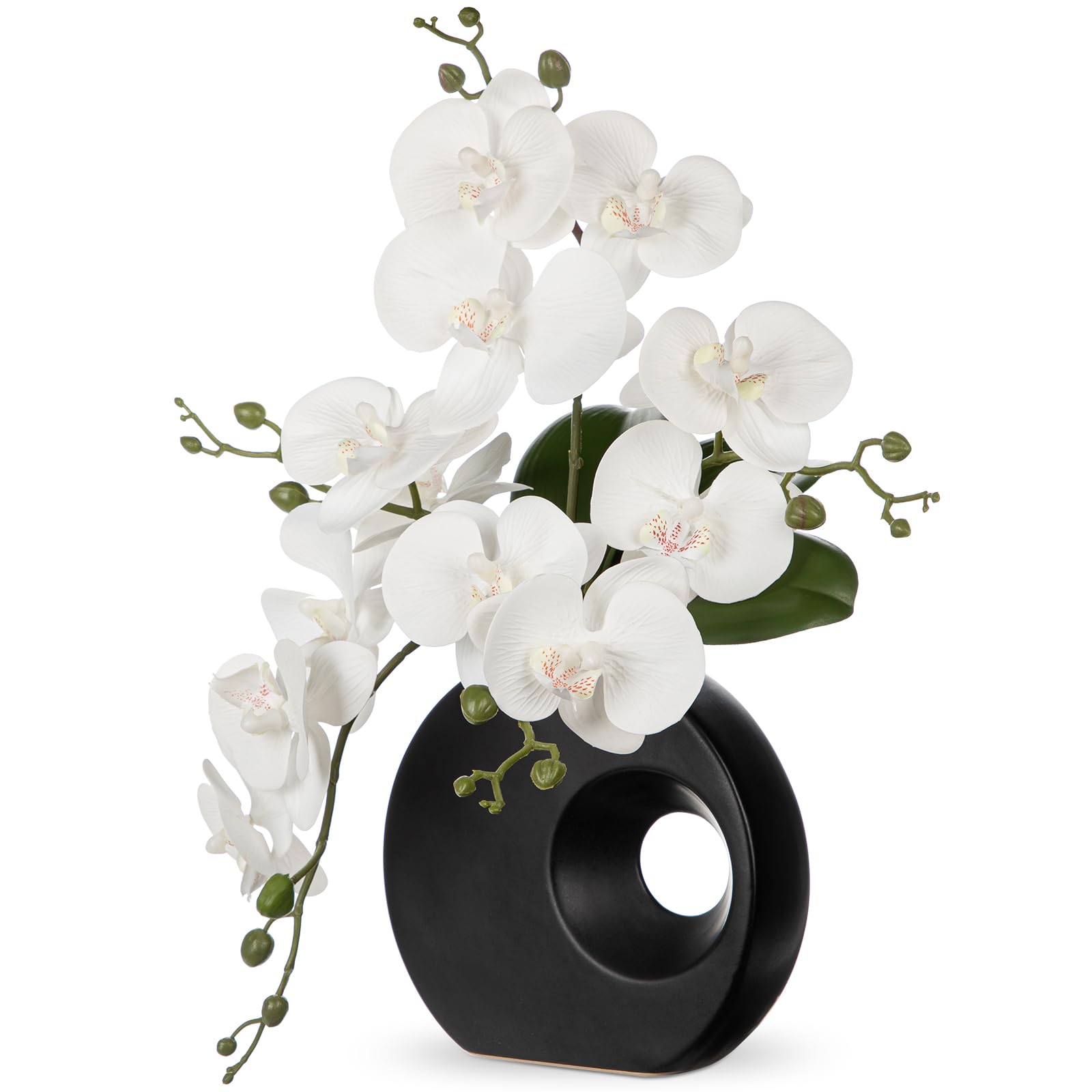 Oairse Artificial Orchid Plant in Ceramic Pot 15.7" Realistic Faux Orchid Flowers for Indoor Decoration Silk White Orchid in Black Vase for Centerpiece Home Office Living Room Wedding Table Décor