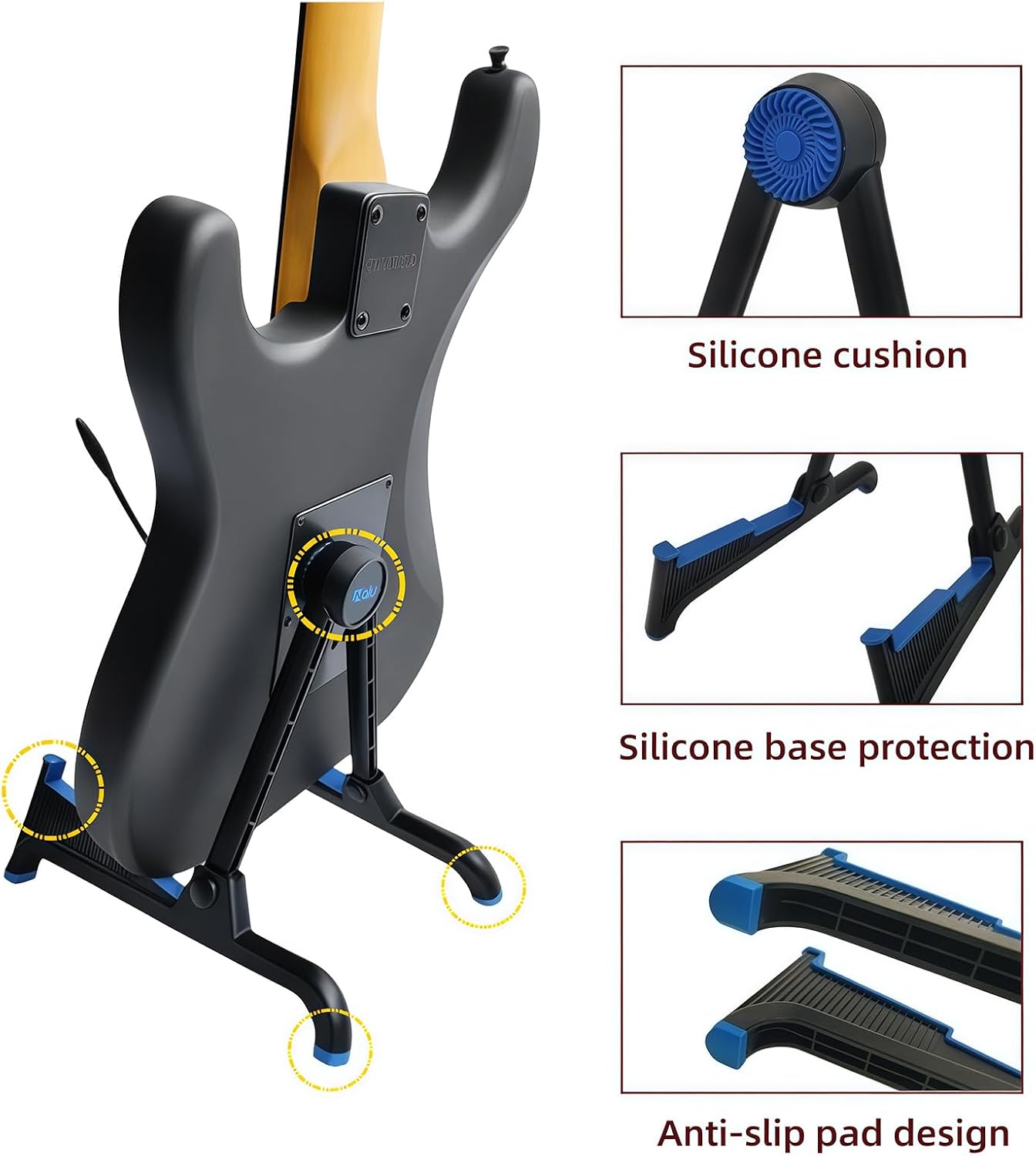 nalu Classic A-Frame Tripod Adjustable Guitar Stand for Acoustic Bass Electric Guitars and Ukuleles Folding Floor Stand Small Good for Traveling (BlueRubber+BlackFrame2pack) image 5