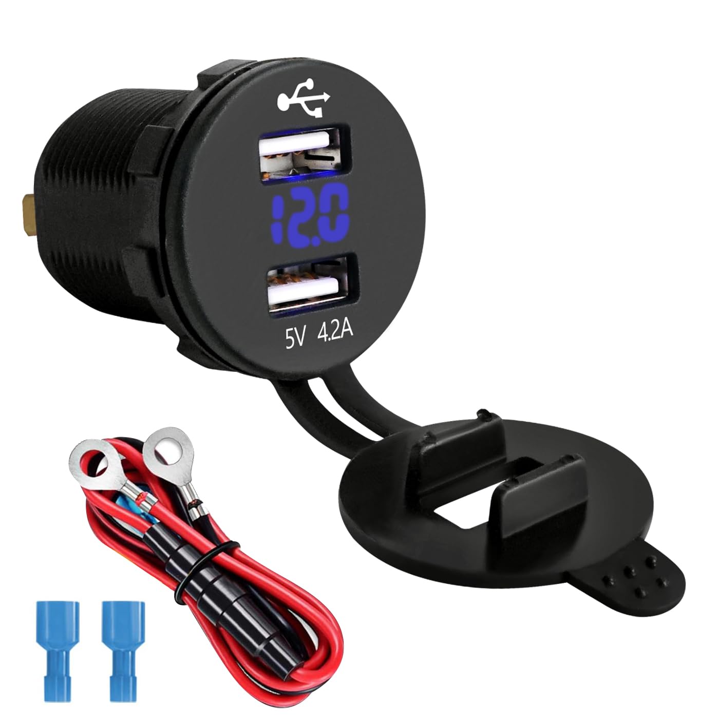 LENKRAD 12 Volt USB Voltage Meter Boat 4.2A USB Charging Port Waterproof Blue, Dual USB 2.1A Charge Outlet, 12v/24v Motorcycle Charger for Automotive, RV