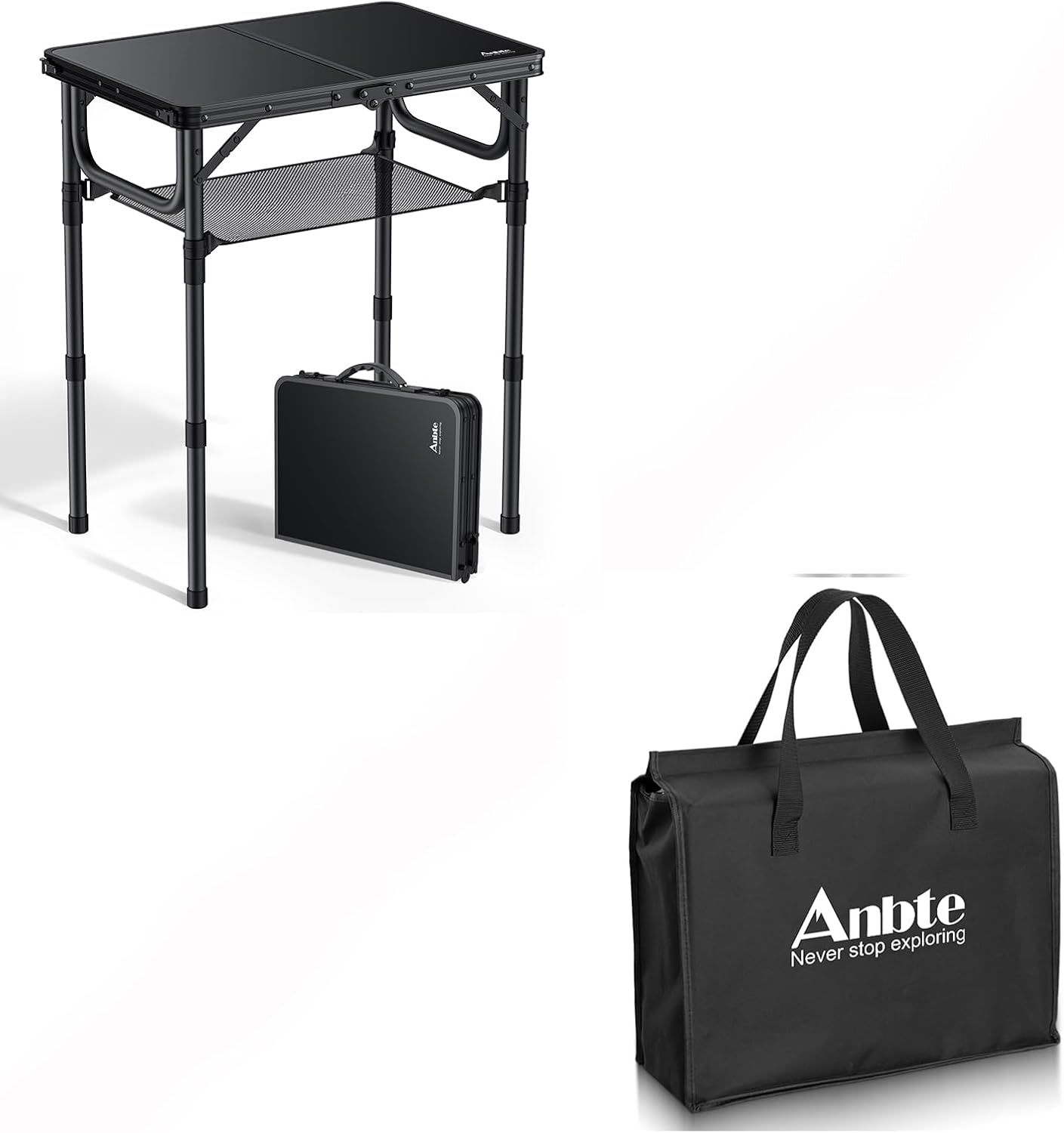 Anbte Folding Camping Table with Storage Net, Pure Black Aluminum 2ft Picnic Table & Folding Table Storage Bag