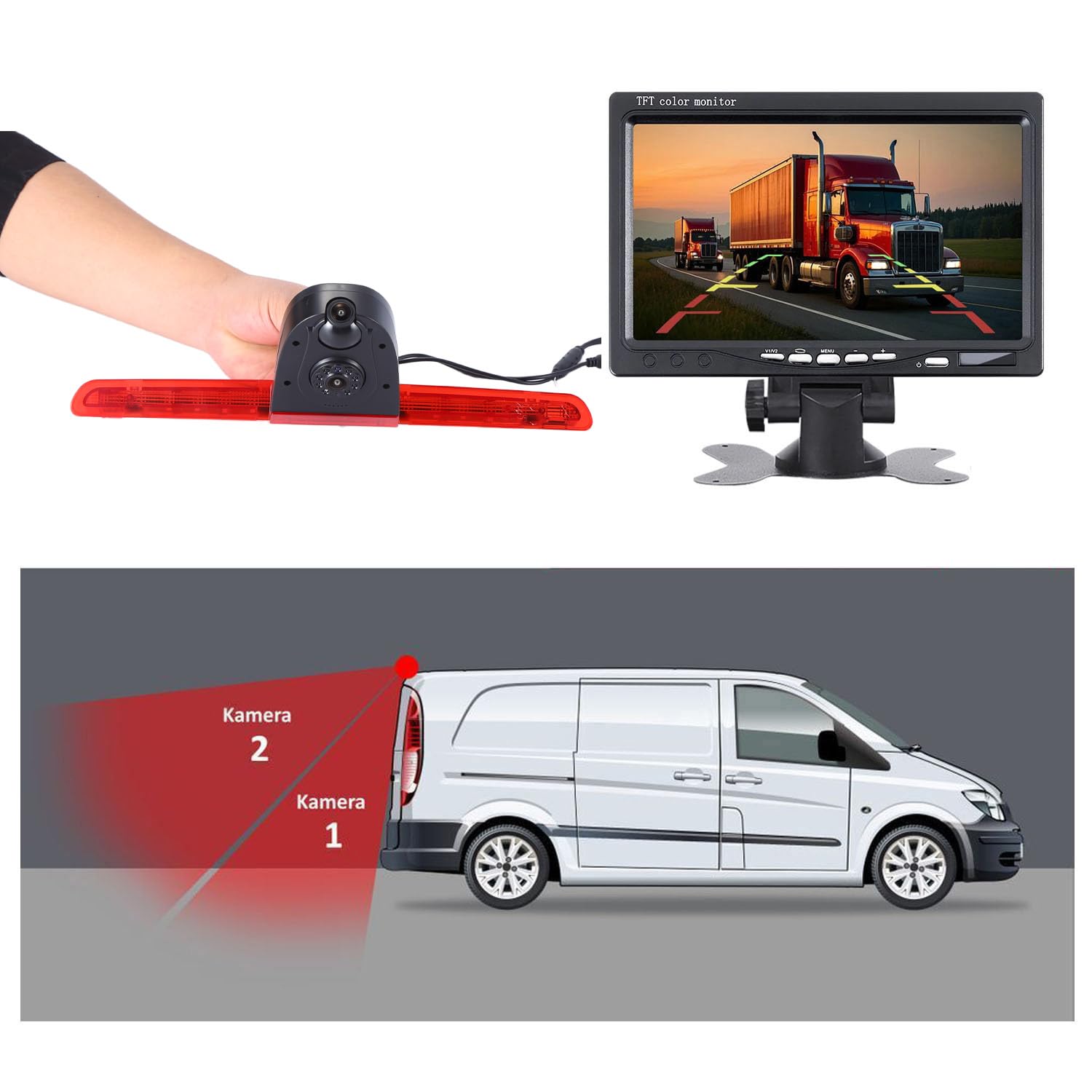 Zestaw podwójnych kamer cofania z monitorem TFT LCD 7", światło hamowania, kamera cofania z dwoma soczewkami do VW T6, klapy bagażnika, wysokiego dachu, lampa stopu, transporter, biznes, MPV, SUV Bus