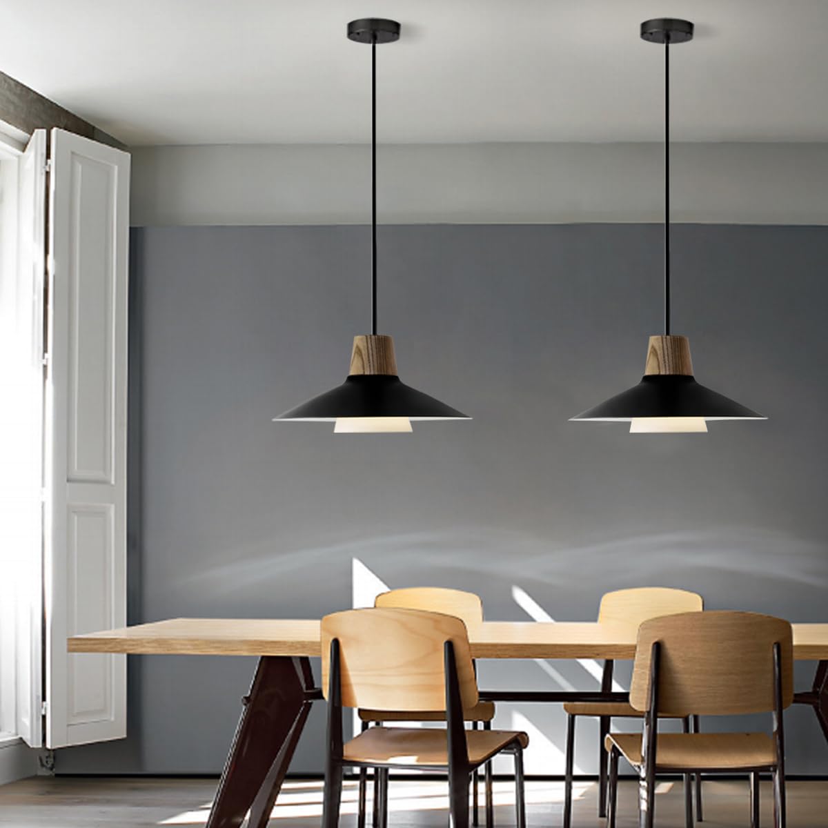 Lampa Wisząca 1 Płomień Czarna, Drewniana w Stylu Vintage Duża, Metal Przemysłowy, Szklany Klosz, Regulowana Wysokość, Nowoczesna E27 Do Salonu, Sypialni, Jadalni, Kuchni