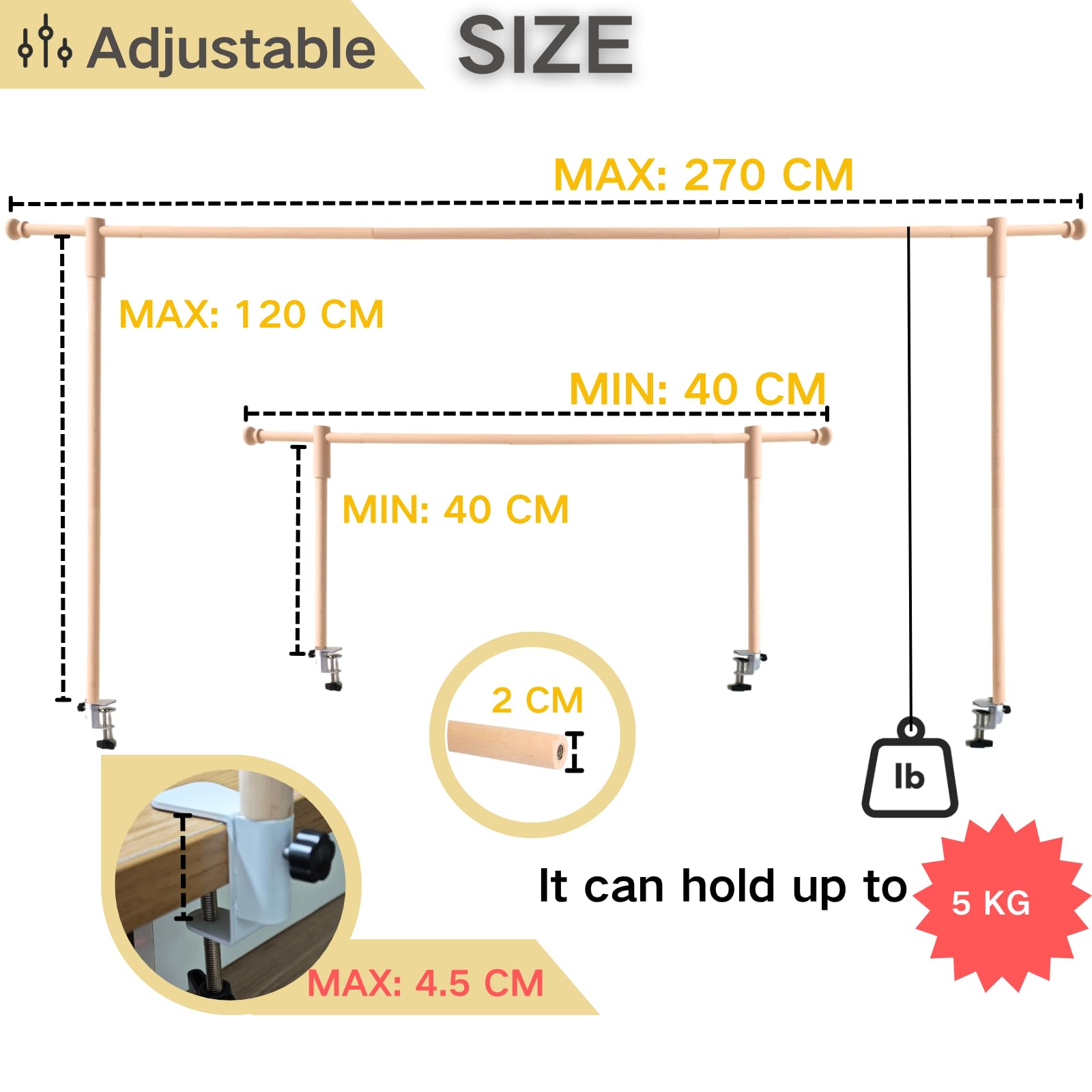 Beyeutao Soporte de madera para barra de mesa ajustable, con abrazaderas, barra de exhibición de madera, barra de mesa de madera de 50-120 cm de alto, 40-270 cm de longitud, decoraciones para fiestas