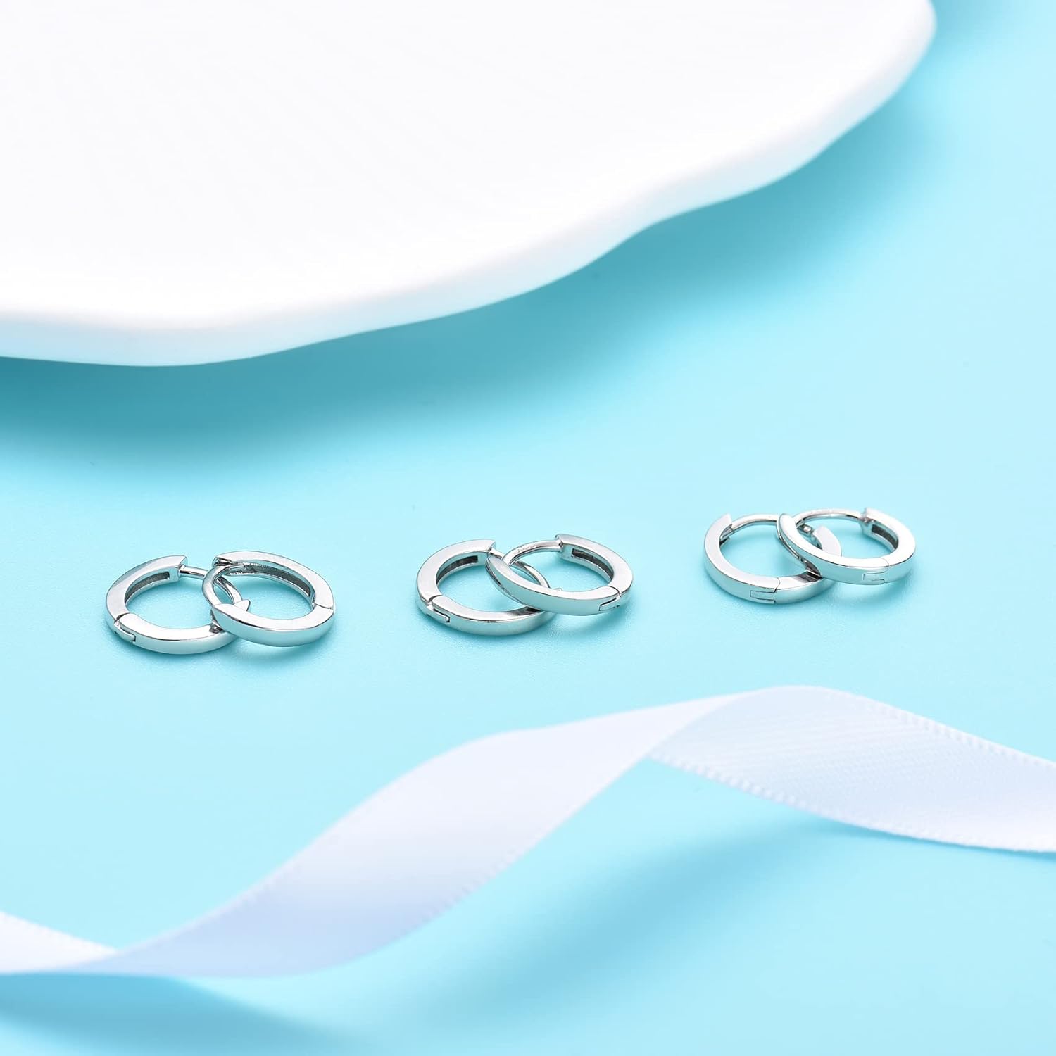 Small Cartilage Hoop Earrings for Women Men, 3 Pairs Hypoallergenic Sterling Silver Post Huggie Earrings, 8/10/12mm, Silver/Gold/Black - Image 2