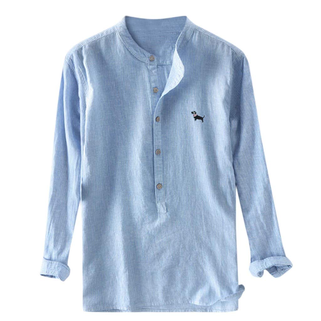 OverDose Producto Overdose Camisas de Verano para Hombres Camisa de algodón de Lino de Manga Larga Botón Holgado a Rayas con Cuello Redondo Suave Elegante Camisetas de Talla Grande