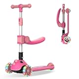 KS3 Pro Folding Kick Scooter for Kids, One Key Removable Seat & 3 Extra Wide PU Light-Up Wheels and Anti-Slip Deck, Adjustable Height Handlebar and Lean-to-Steer Scooter for Children Aged 2-8