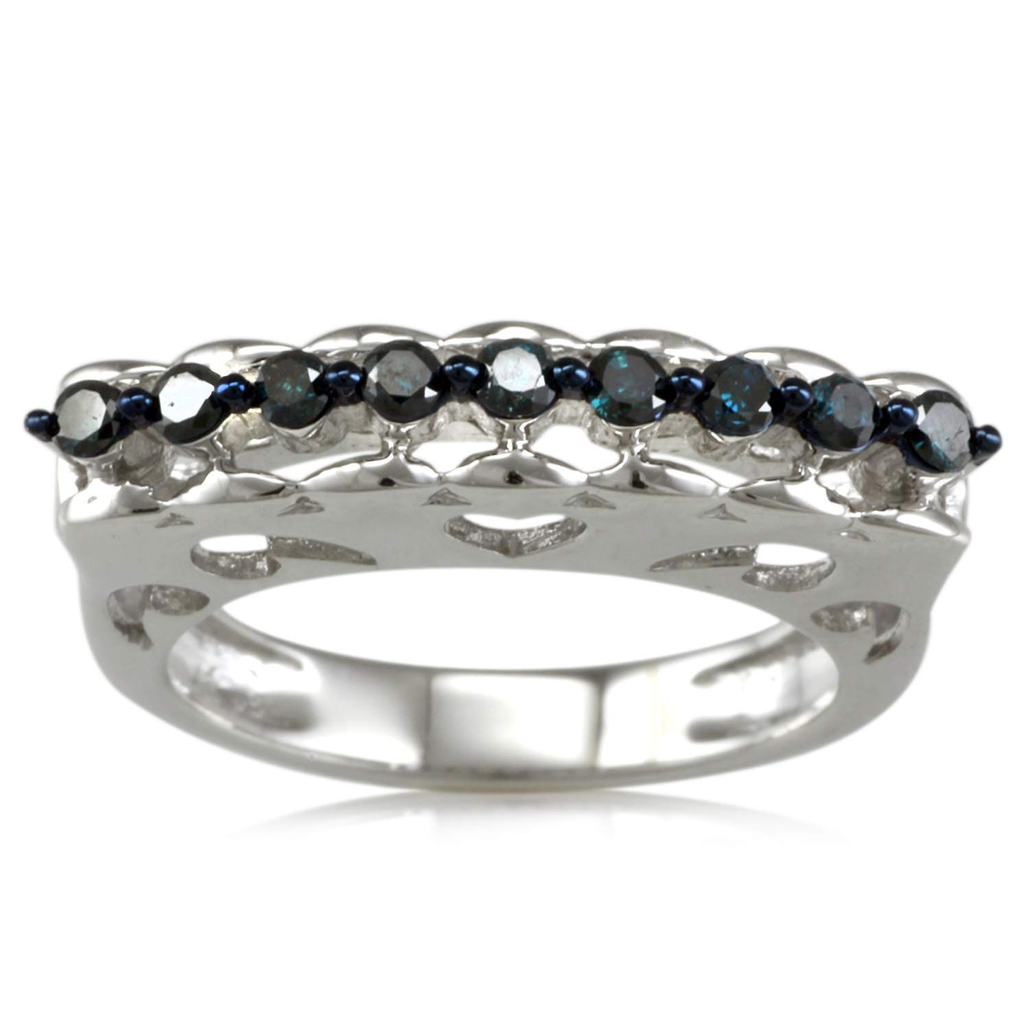 925 Sterling Silver with Genuine 1/4 CTTW Round Cut Blue Diamond Wedding Anniversary Band Ring Gift for Women's