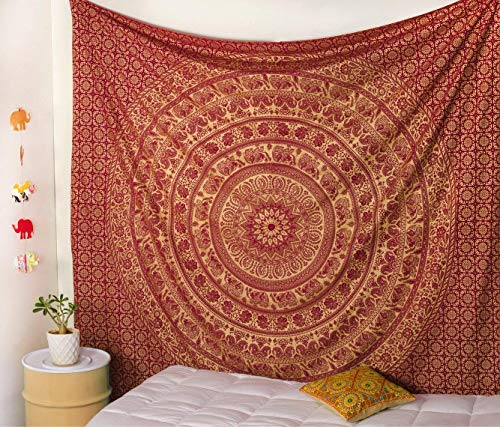 Popular Handicrafts Tapestry Wall Hanging Hippie Elephant Mandala Bohemian Hippy Intricate Indian Tapestries Bedspread 90 X 108 Inches (230Cm X 270Cm) Maroon & Gold #TOP10