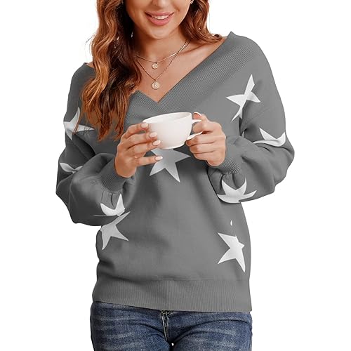 Feiersi Women's Off Shoulder Sweater V-Neck Long Sleeve Loose Pullover Knit Jumper