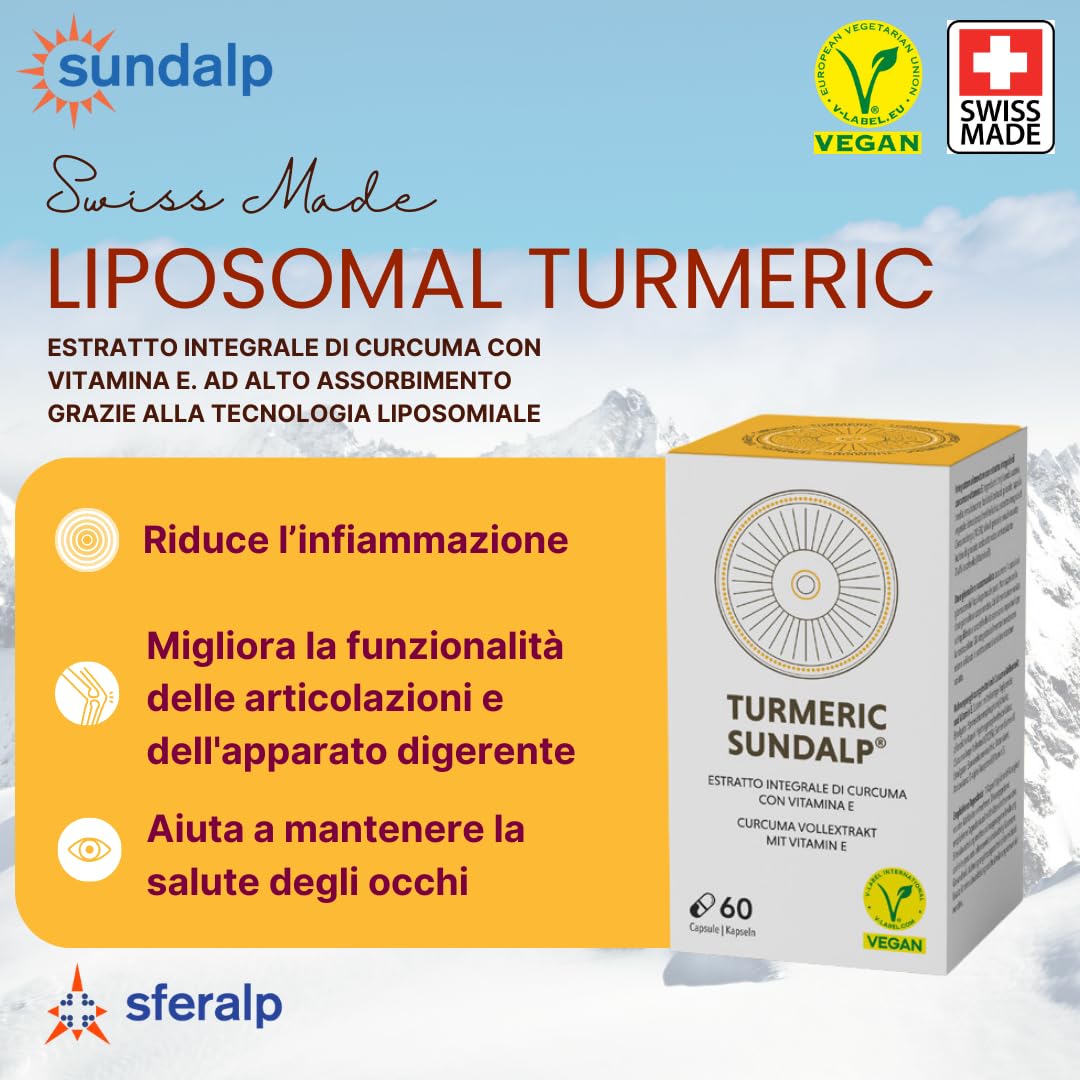 SUNDALP Turmeric | Integratore per Benessere Digestivo e Articolare | Integratore Alimentare con Estratto Integrale di Curcuma Longa e Vitamina E - 60 Capsule