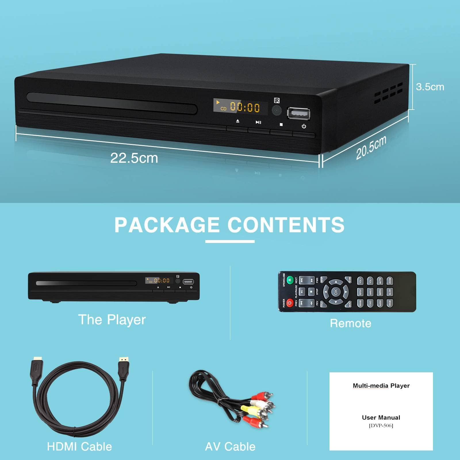 DVD CD Player für Fernseher, Up-Convert to HD 1080p, All Region, Breakpoint Memory, Eingebautes PAL/NTSC, USB 2.0