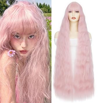 Rose bud Rapunzel Wigs Long Wavy Curly Wig with Fringe Pink Wigs for Women Cosplay Costume Synthetic 39 inch Lolita Wig