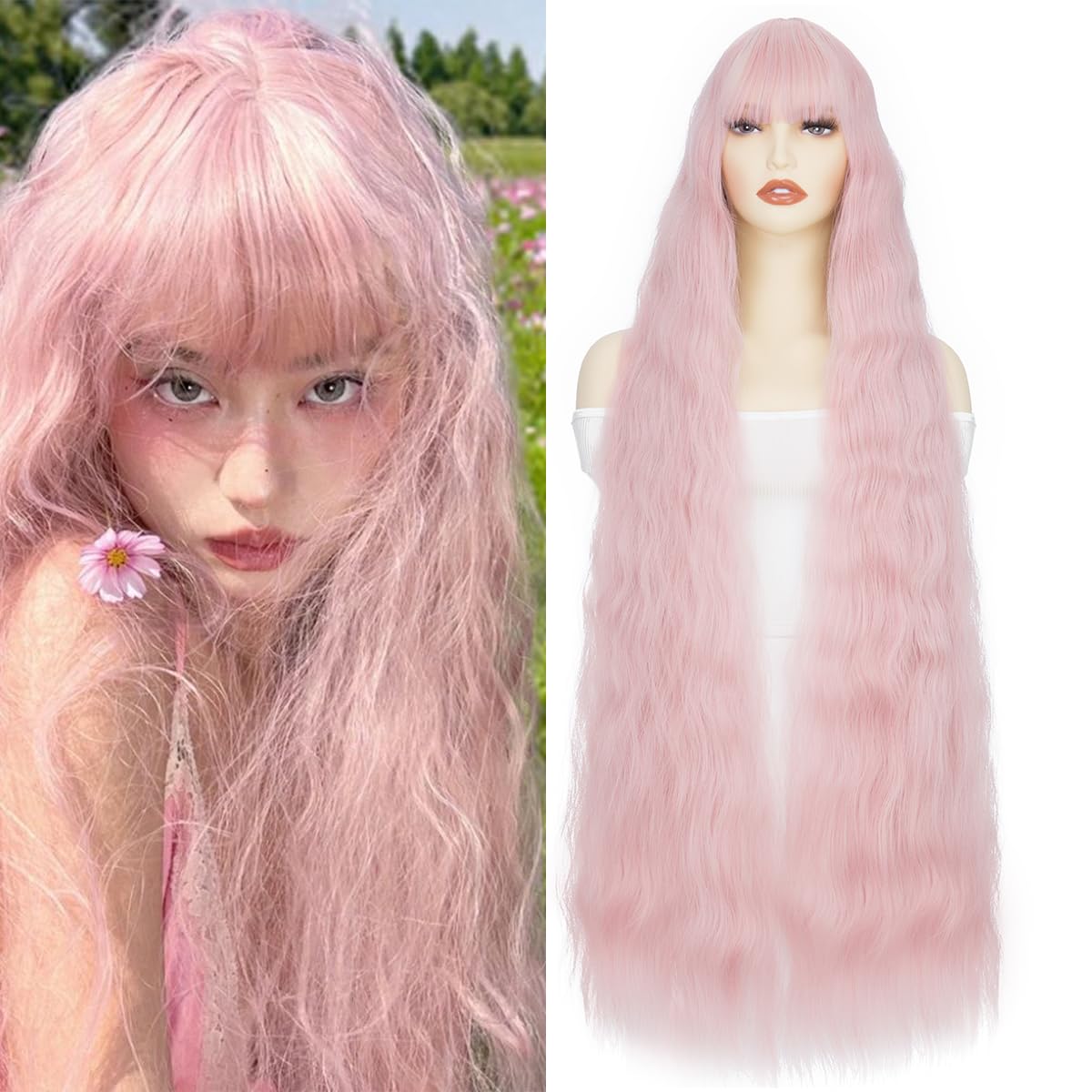 Yamel 39 inch Extra Long Synthetic Cosplay Wig With Bangs Corn Curly Pink Lolita Wig for Women Cosplay Party Halloween Costume Wig
