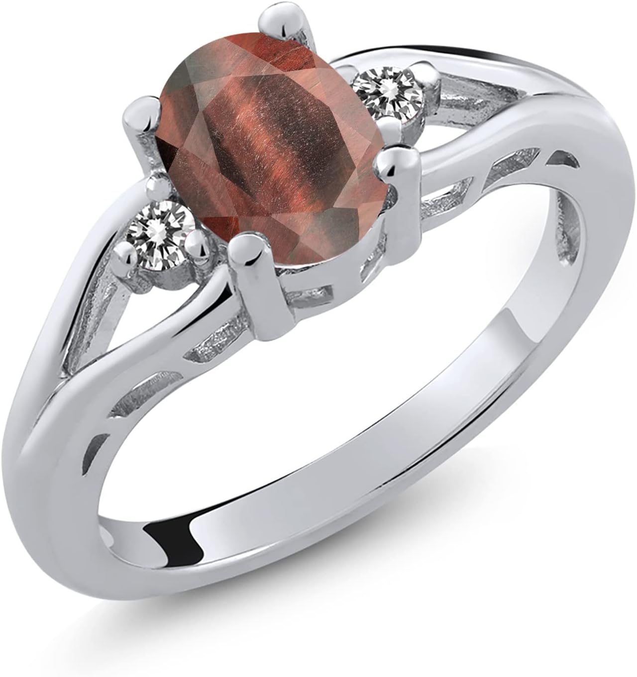 Gem Stone King 3-Stone Engagement Ring For Women | 925 Sterling Silver | Gemstone Birthstone and Diamond | Oval 8X6MM and Round 2MM | Three Stone Wedding Anniversary Promise Ring | Sizes 5-9