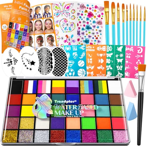 Face Painting Kit for Kids - 40 Color Pro Facepaint Palette Non-Toxic Water Activated Complete Kit with Brush Stencil Sponge for Birthday Parties Carnival Costume Makeup Festivals & Events