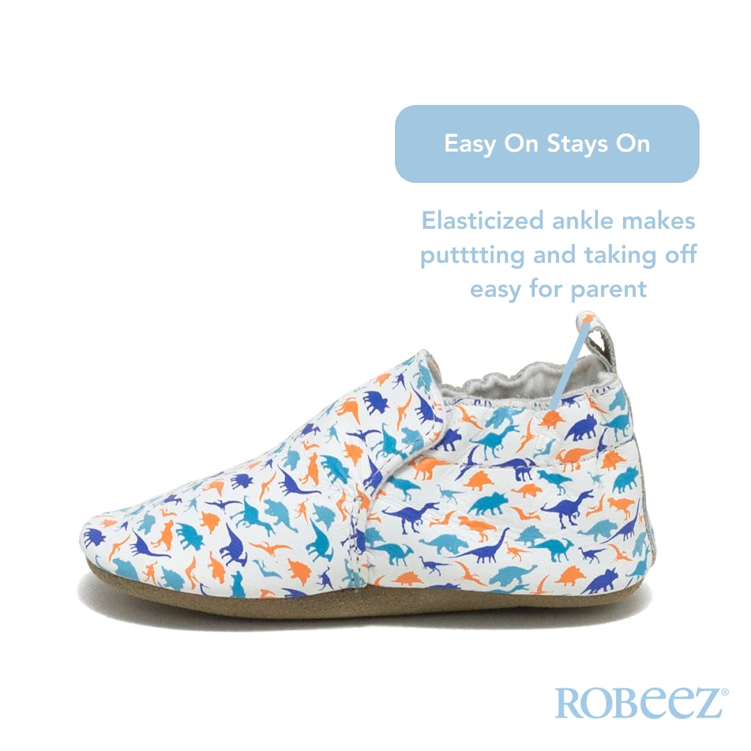Robeez Baby Boys and Unisex Soft Soles Slip-Resistant Crib Shoes Slippers for Infant and Toddler - Dinosaurs White - 0-6 Months