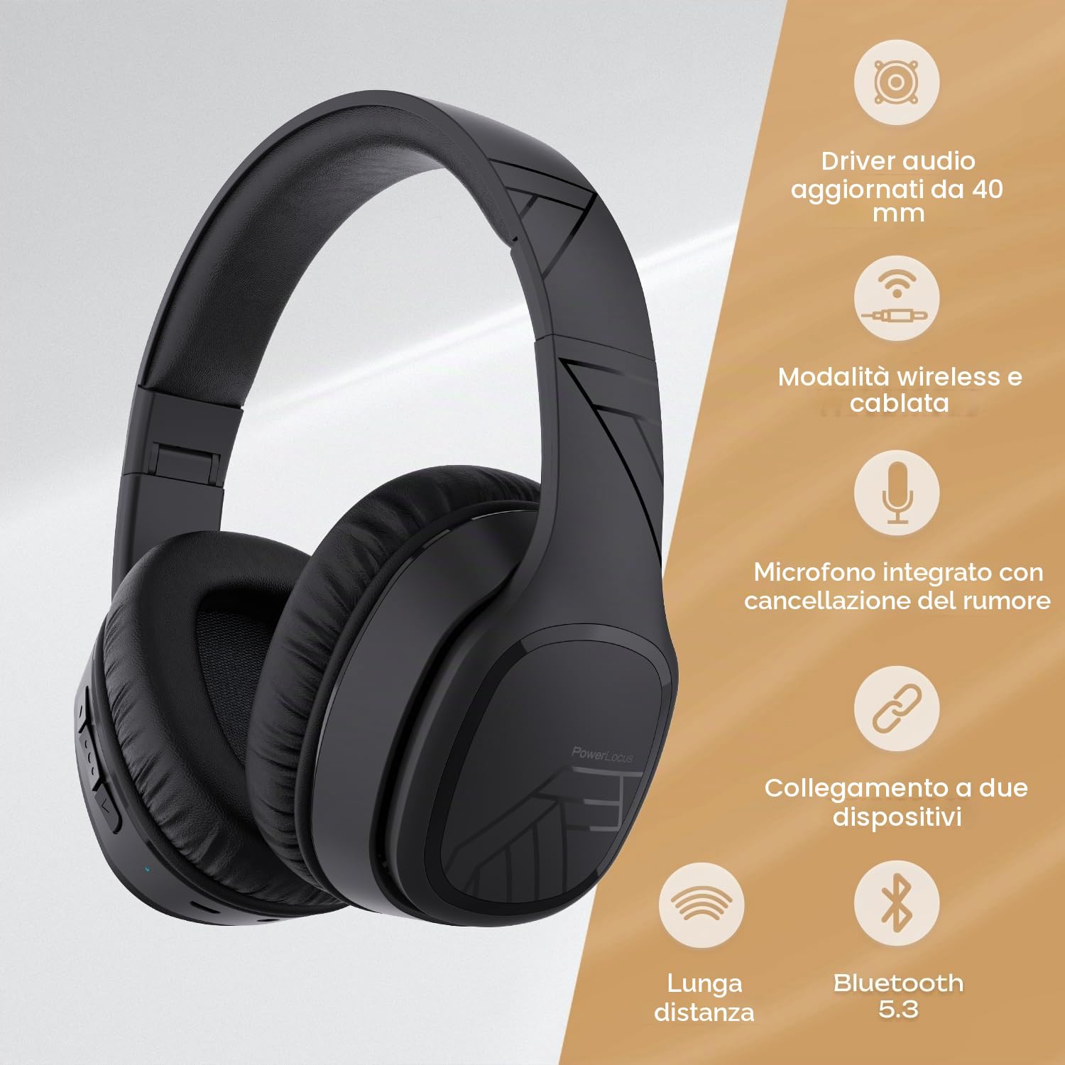 PowerLocus P7 Cuffie Wireless Bluetooth, 50 ore Di Riproduzione, Cuffie Senza Fili Over Ear, Hi-Fi Stereo, Pieghevole, Cuffie Bluetooth con Microfono, Custodia Rigida per Viaggio/Telefono/PC/TV