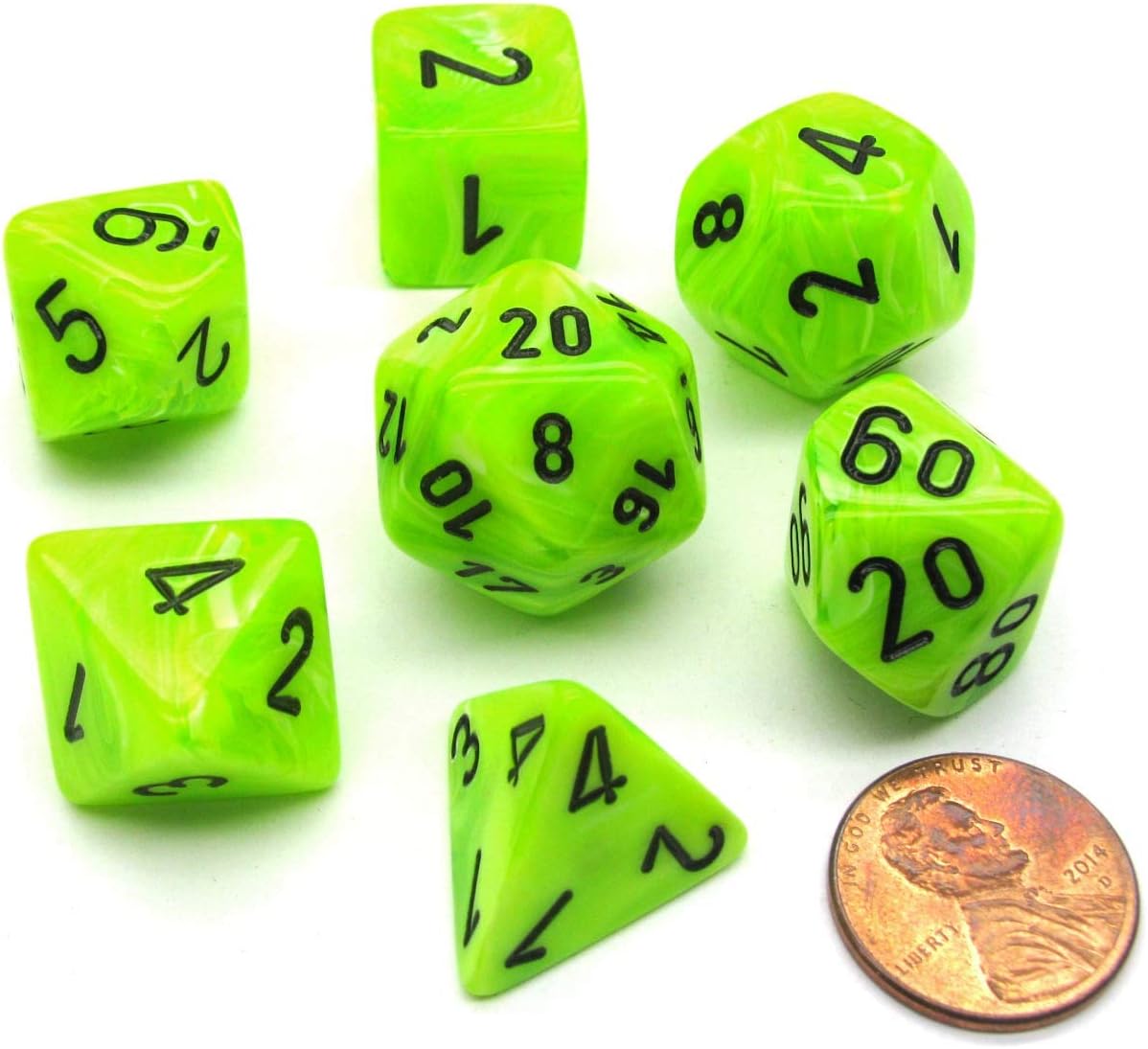 Chessex Dice: Polyhedral 7-Die Vortex Dice Set - BRIGHT Green with Black Numbers CHX-27430