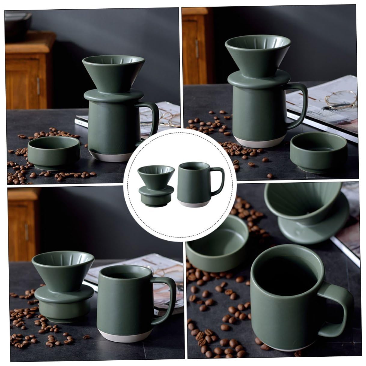 Taza de Filtro de Café de Cerámica Verde, Juego Manual | Hecha a Mano, Uso en Hogar y Oficina, Diseño Simple Detalles Delicados, Formato Portátil y Ligero