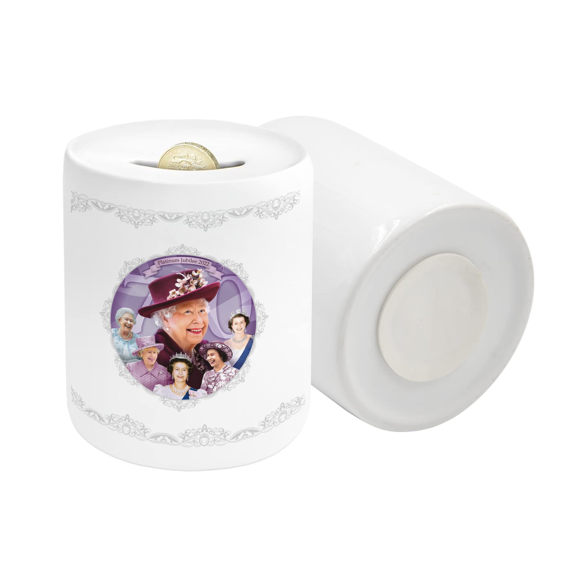 Print Maniacs Platinum Jubilee Decoration Money Piggy Bank Box Ceramic Queen Elizabeth II Union Jack Safety Coin Bank Saving Collection Souvenir Keepsake Street Party Décor Tin (Queen Elizabeth II)