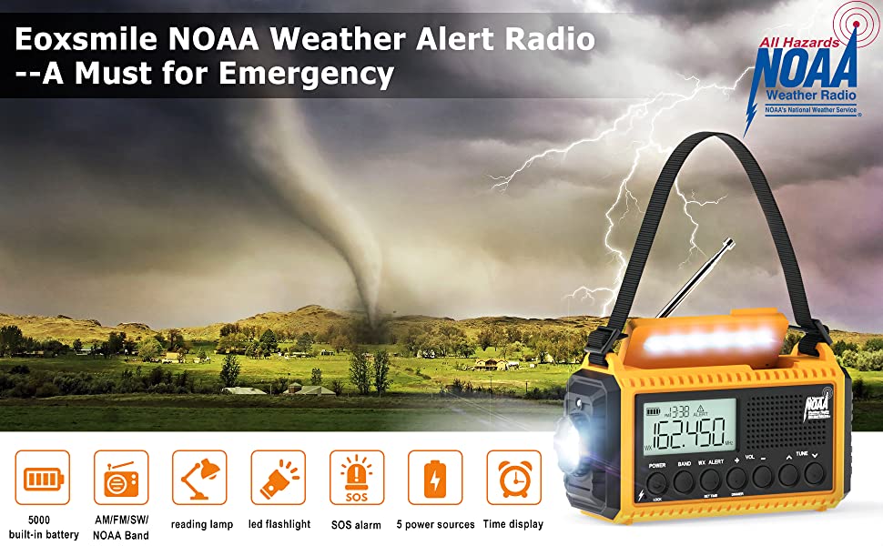 Emergency Weather Rado, 8000mAh AMFM NOAA Weather Alert Rado, Solar - View #6