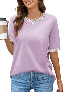 Camiseta de manga corta para mujer, diseño de bloques de color, cuello redondo, holgada, informal, para mujer