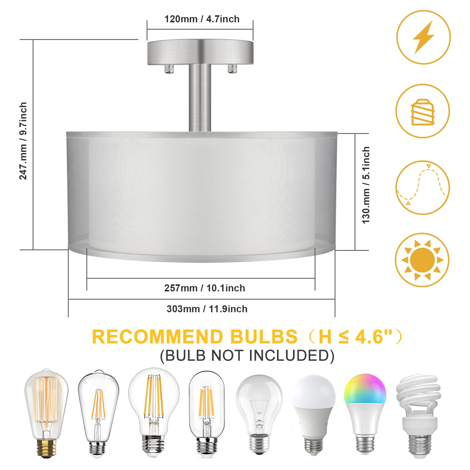 FOLKSMATE Silver Semi Flush Mount Ceiling Light Fixture, 3-Light Drum Light with Double Fabric Shade, Modern Close to Ceiling Lamp for Living Room, Bedroom, Dining Room, Kitchen, Hallway, Entry, Foyer