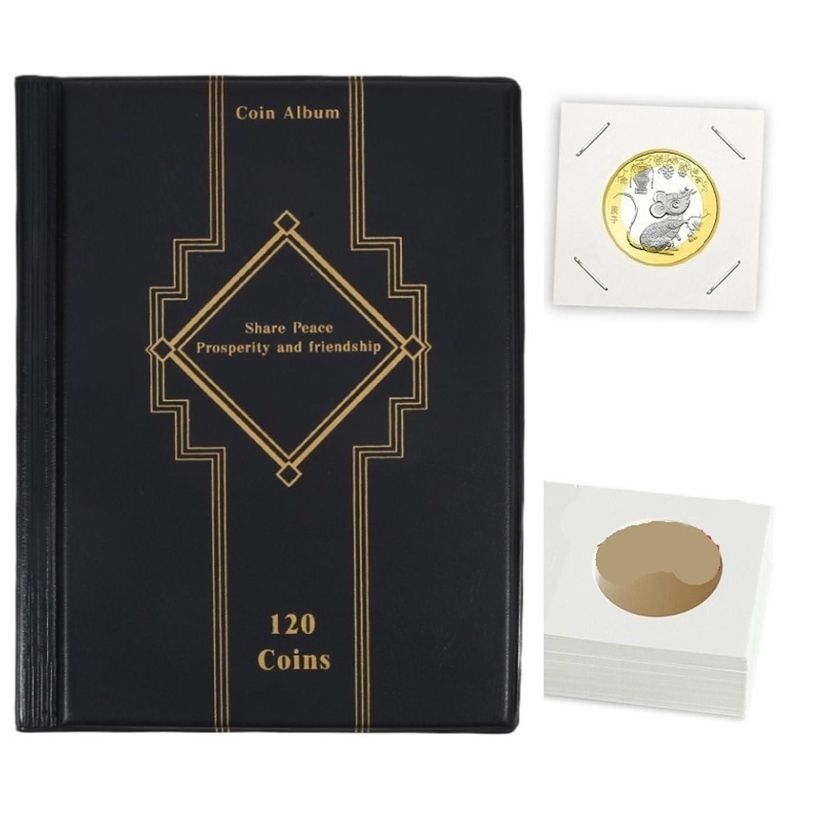 Album Monedas 120 Pockets Artificial PU Leather Coins Collection Album Book Collecting Money Organizer Storage Bags PVC Film(Black Set)