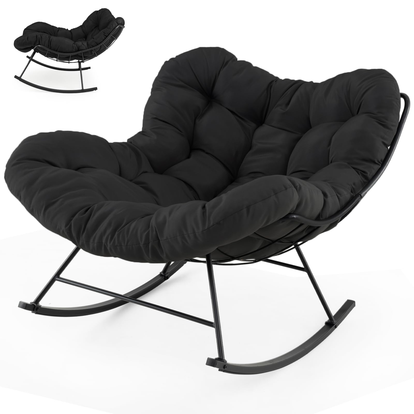 SFAREST Patio Rocking Chair, Outdoor Comfy Rocking Egg Chair with Thick and Removable Cushion, Oversized Patio Lounge Chairs for Living Room Balcon Yard Porch Sun Lounge (Black)
