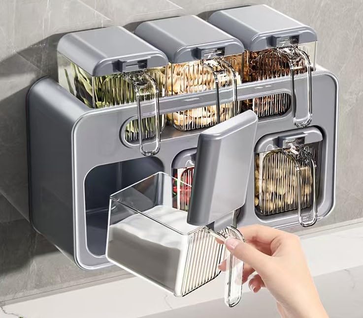 Furret 6-Grid Transparent Home Condiment Box: Wall Mounted Kitchen Seasoning Rack with PP+PS Material Elagant Look Luxurious Appearance