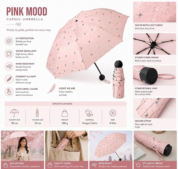 Image of Owme UV Umbrella for Women, Mini Folding Portable 2-Fold Umbrellas | Manually Open & Close for Rain and Sun Protection, Anti-Slip Handle | Windproof Umbrlla | Chata for Rain for Men -