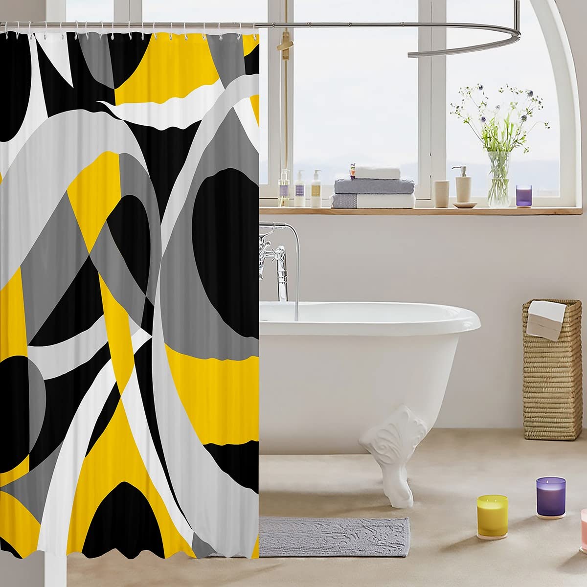 Loussiesd Yellow Geometric Bath Curtain Yellow Grey and Black Shower Curtain Geometric Stripe Swirl Lines Bathroom Shower Curtain Set Swirl Modern Luxury Kids Bathroom Accessories 72x72 Inch - Image 3