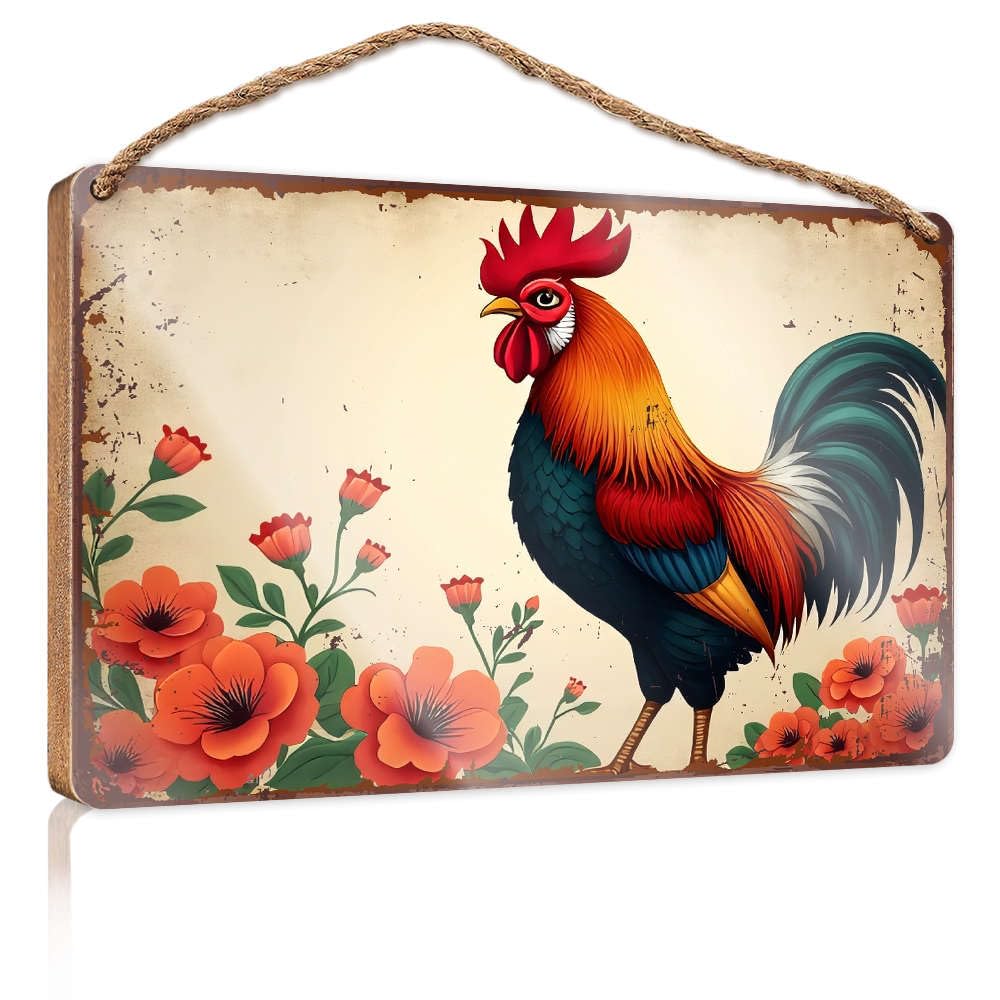 Wooden Decorative Plaque A Colorful Rooster Stands Amidst Vibrant Orange Flowers. Office Decor For Wall Funny Porch Decorations(20X30CM)