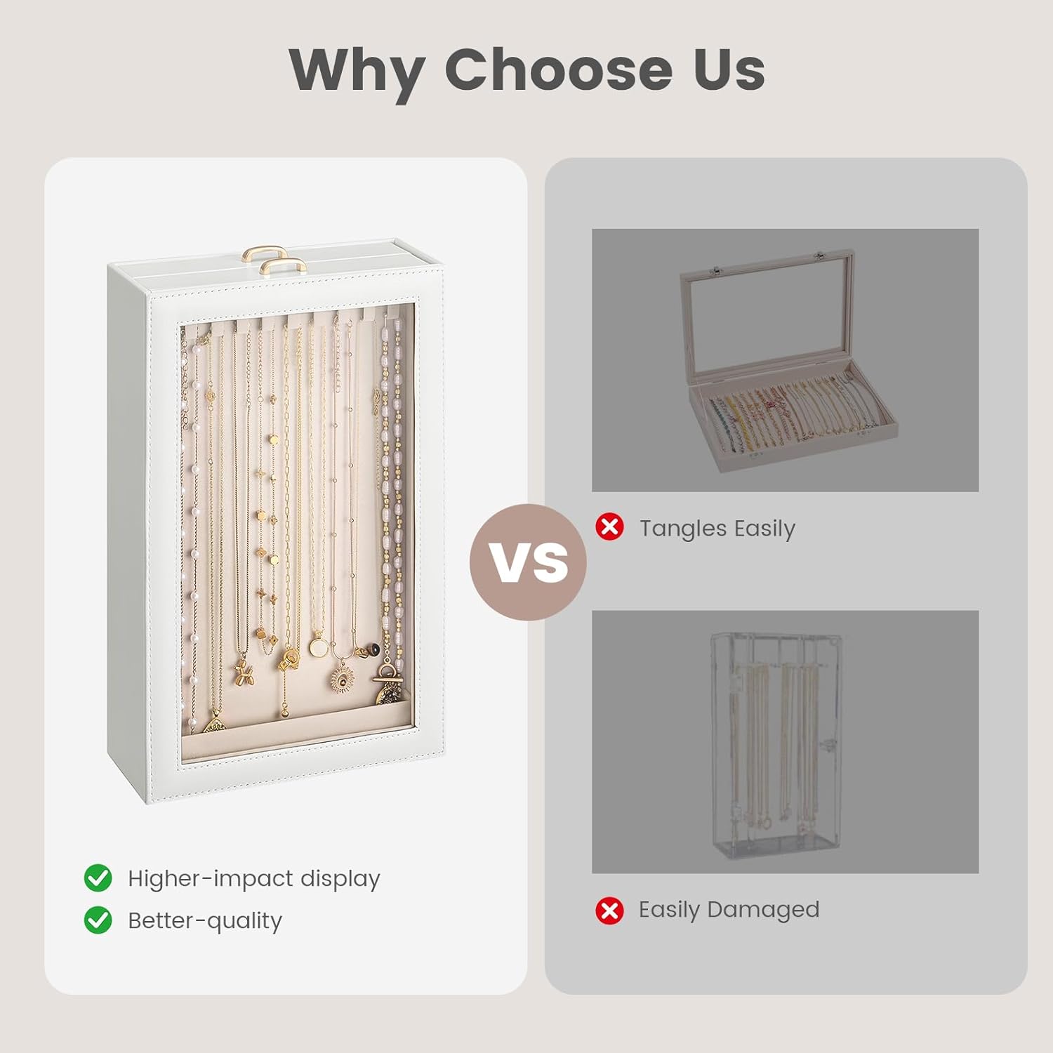 Lolalet Necklace Organizer Box, 2-Layer Jewelry Storage Boxes with Clear Lid for Necklaces, Tangle-Free Necklace Display Case for Women Girls -White - Image 4