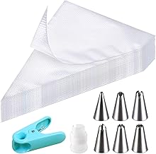 100 Pieces Disposable Piping Bags, Professional Piping Bags with 6 Stainless Steel Nozzles, 1 Adapter, 1 Baking Clip, for Making Cake Cupcake Biscuits Decorations